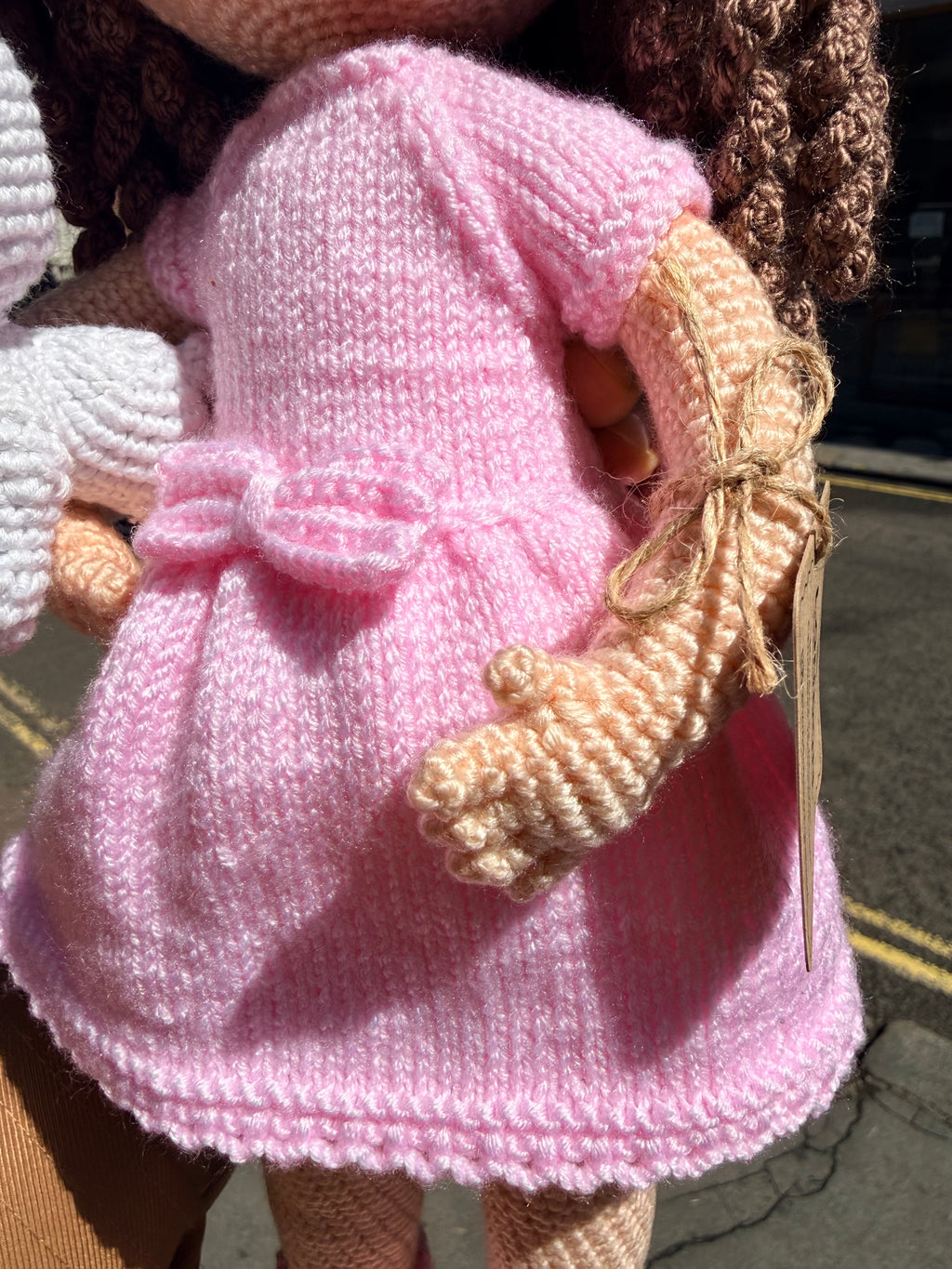 Curly Hair Pink Dressed Amigurumi Doll with Emroidered Eyes