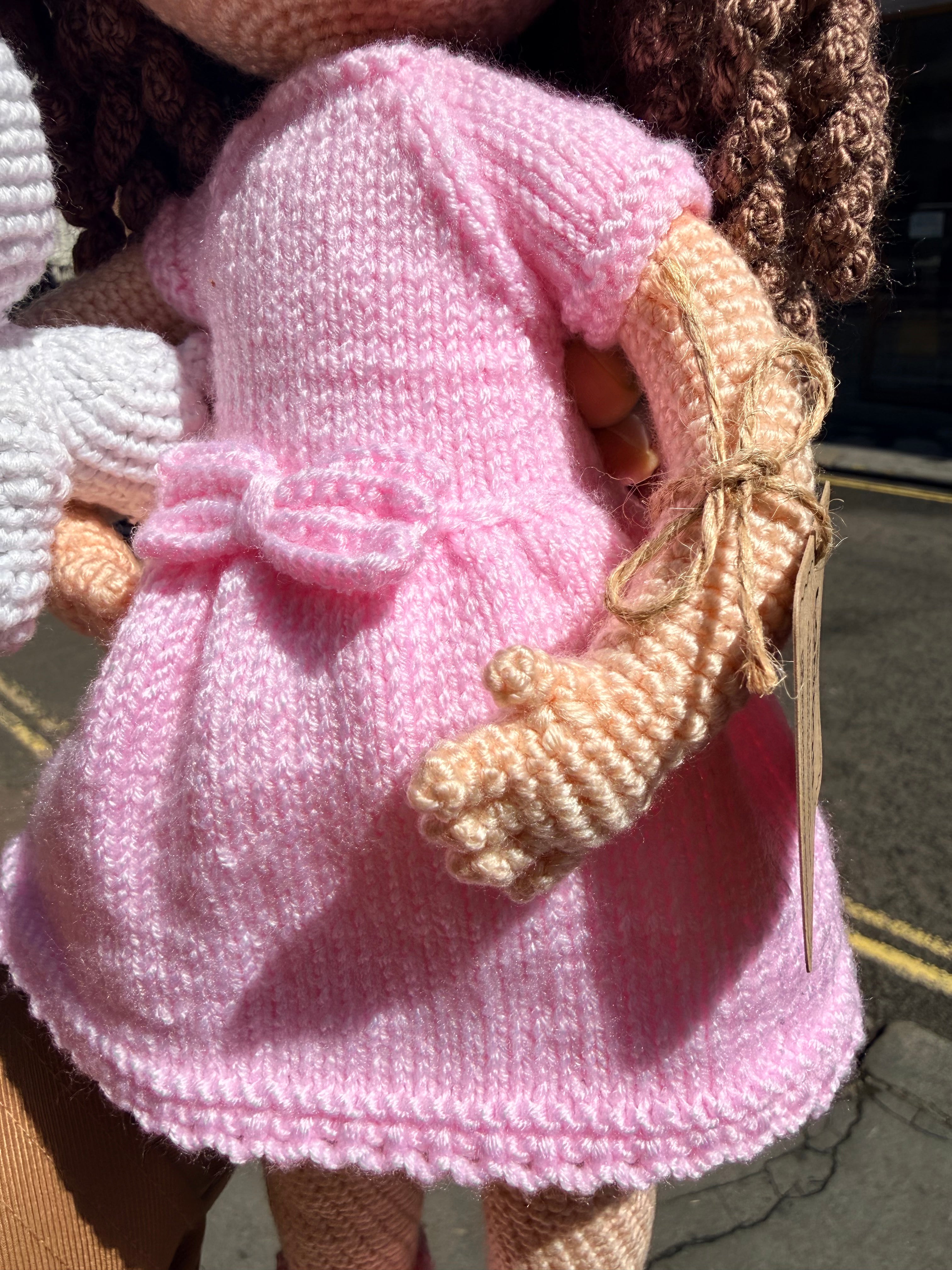 Curly Hair Pink Dressed Amigurumi Doll with Emroidered Eyes