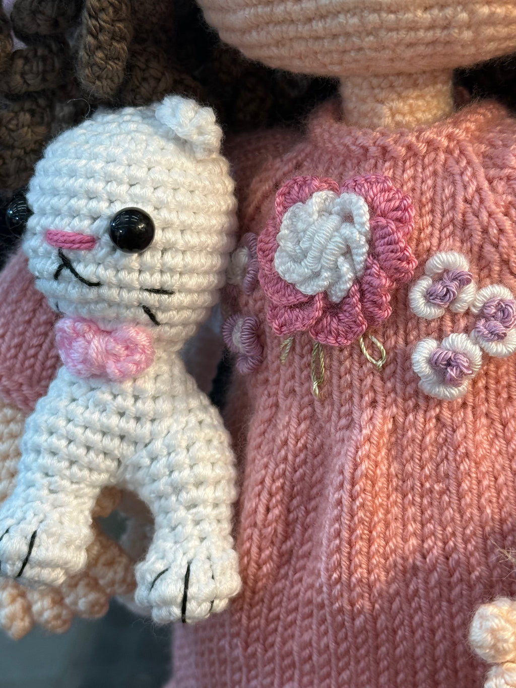 Curly Hair Pink Dress Amigurumi Doll with Pet