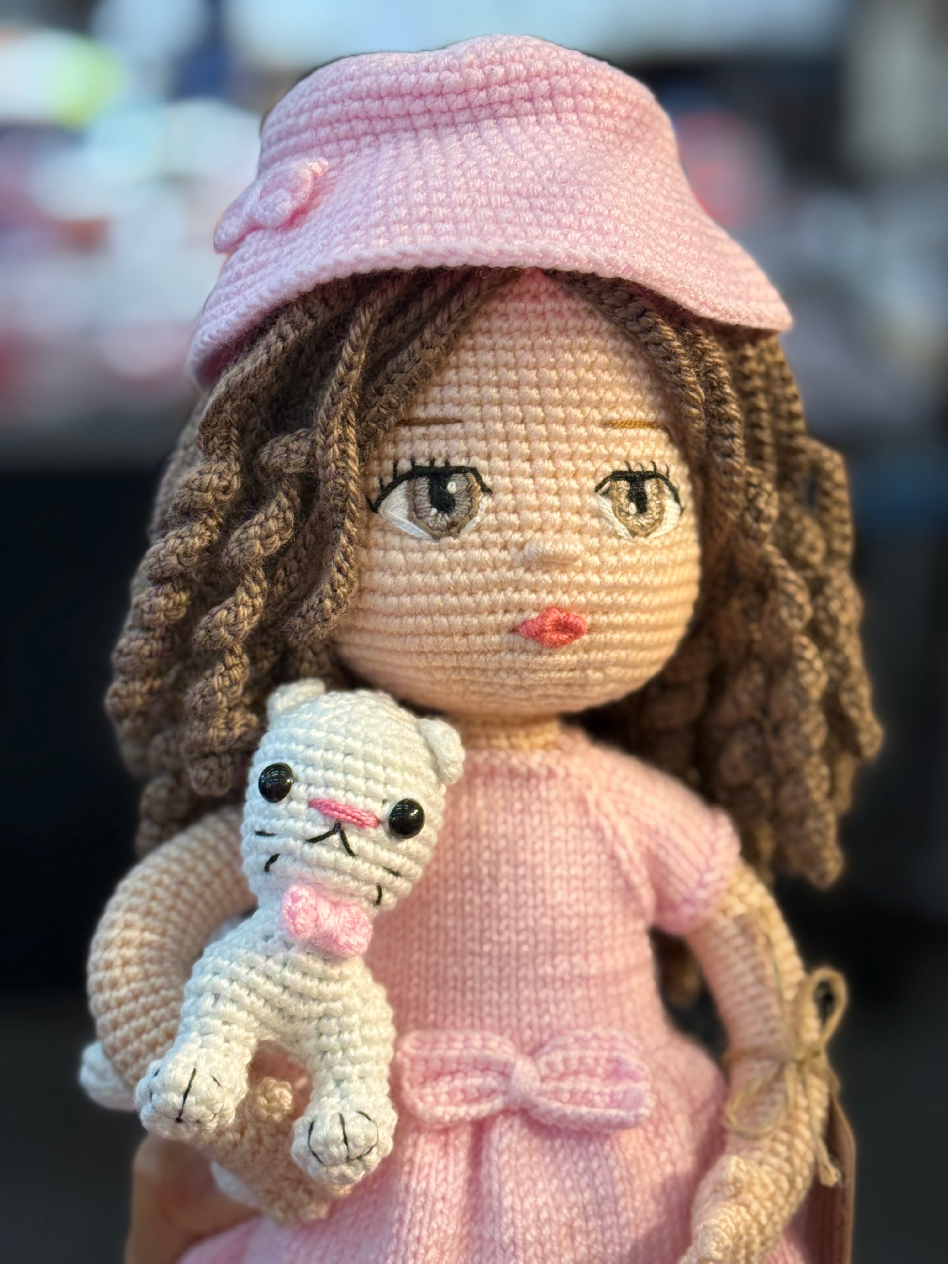 Curly Hair Pink Dressed Amigurumi Doll with Emroidered Eyes