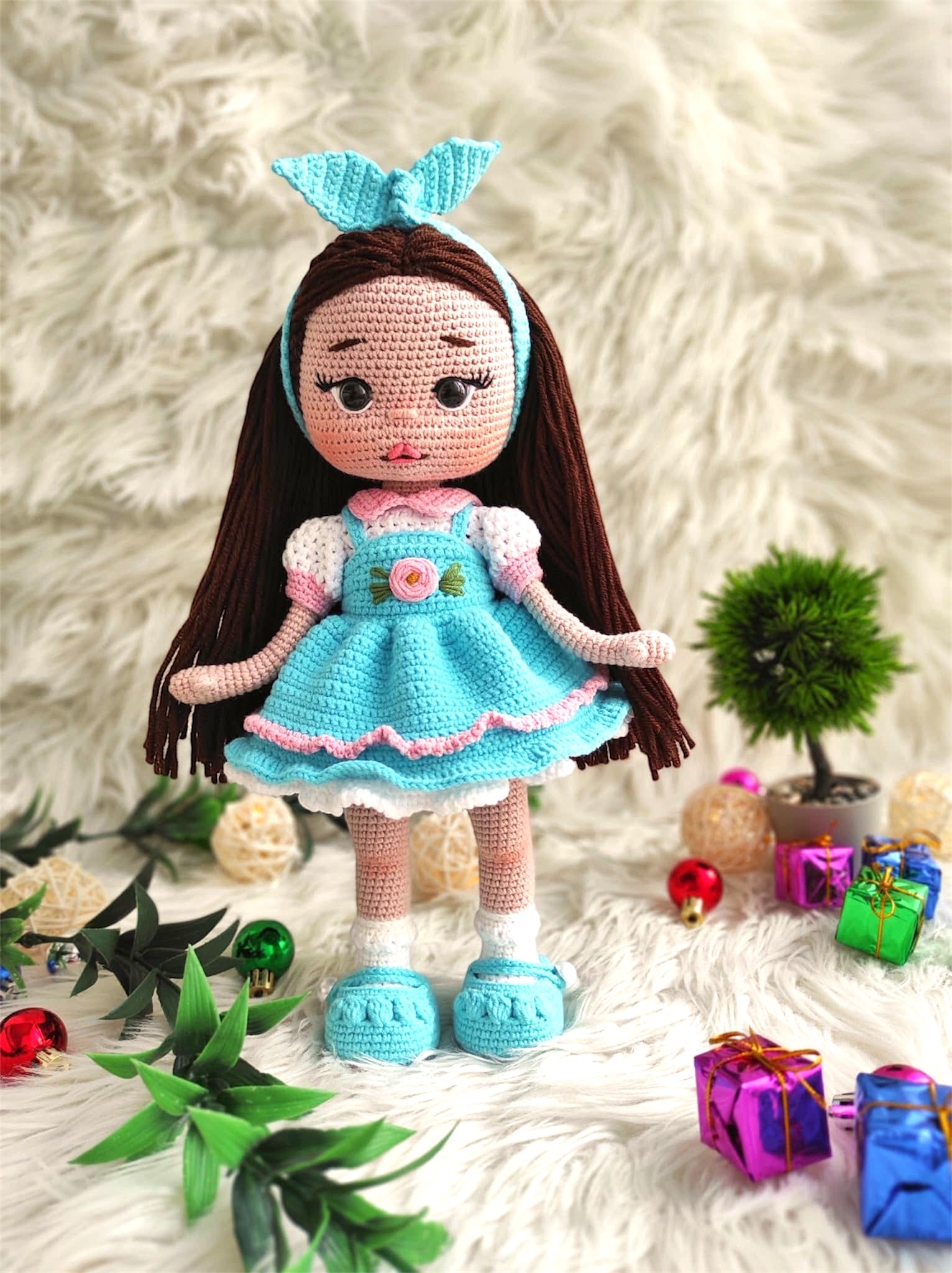 Long Brown Hair Amigurumi Doll with Blue Dress