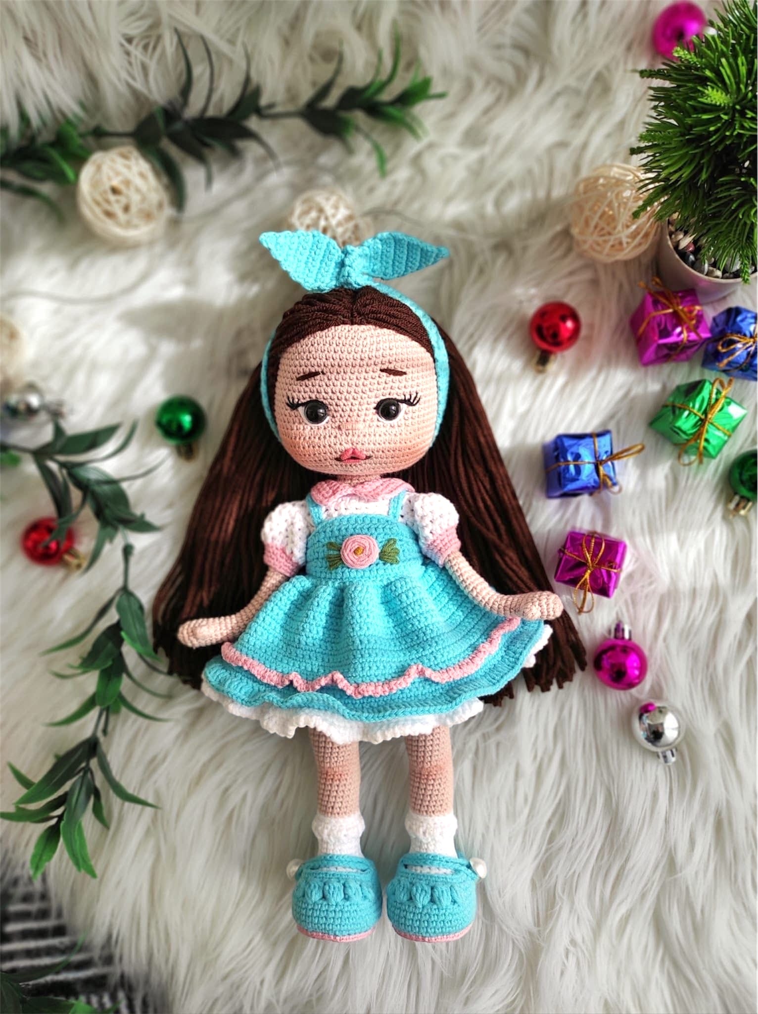 Long Brown Hair Amigurumi Doll with Blue Dress