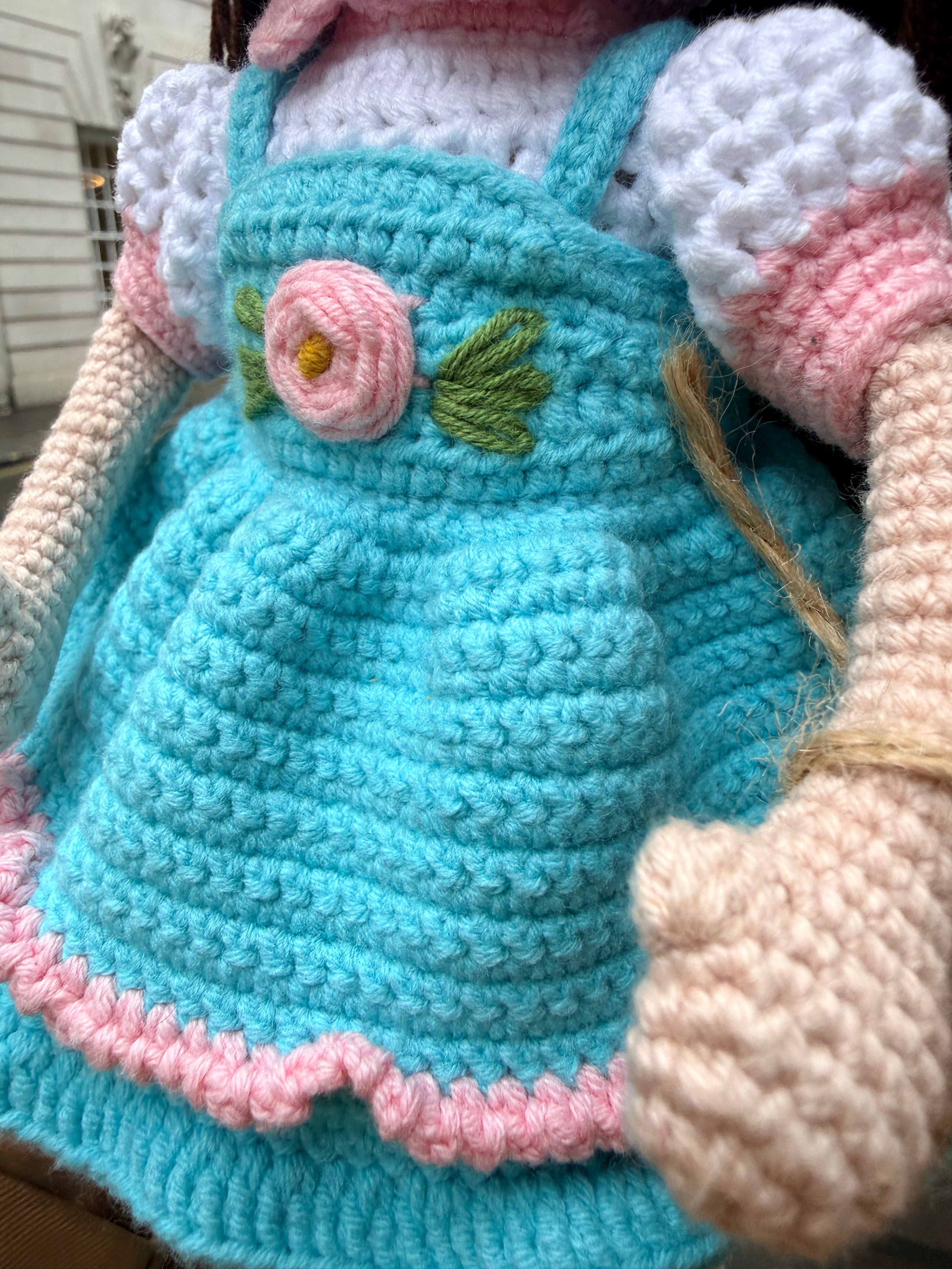 Long Brown Hair Amigurumi Doll with Blue Dress
