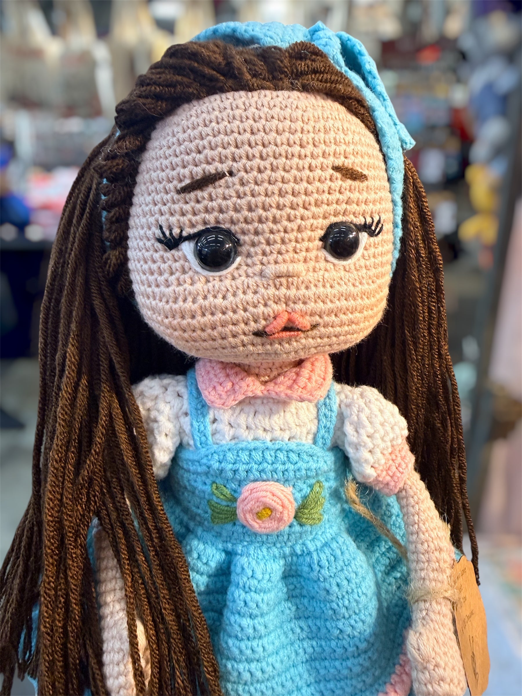 Long Brown Hair Amigurumi Doll with Blue Dress