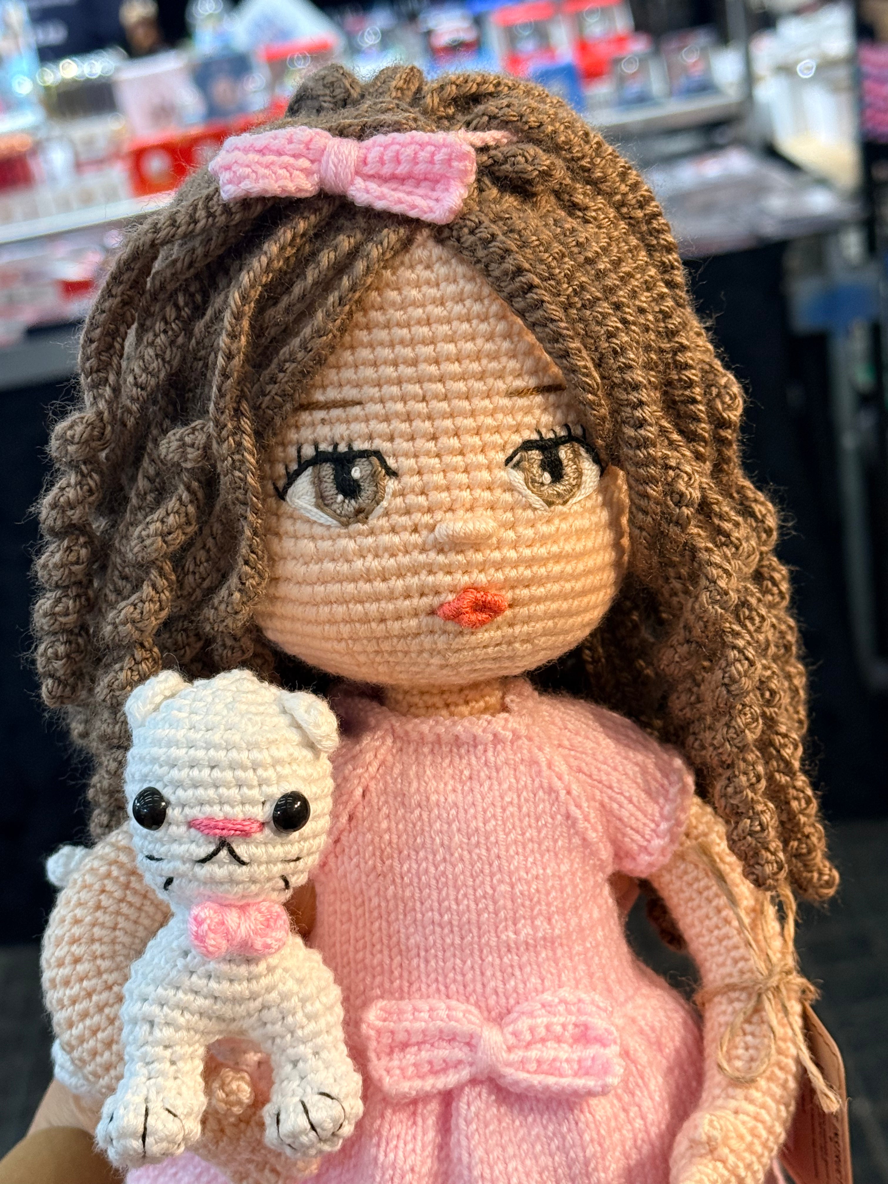 Curly Hair Pink Dressed Amigurumi Doll with Emroidered Eyes