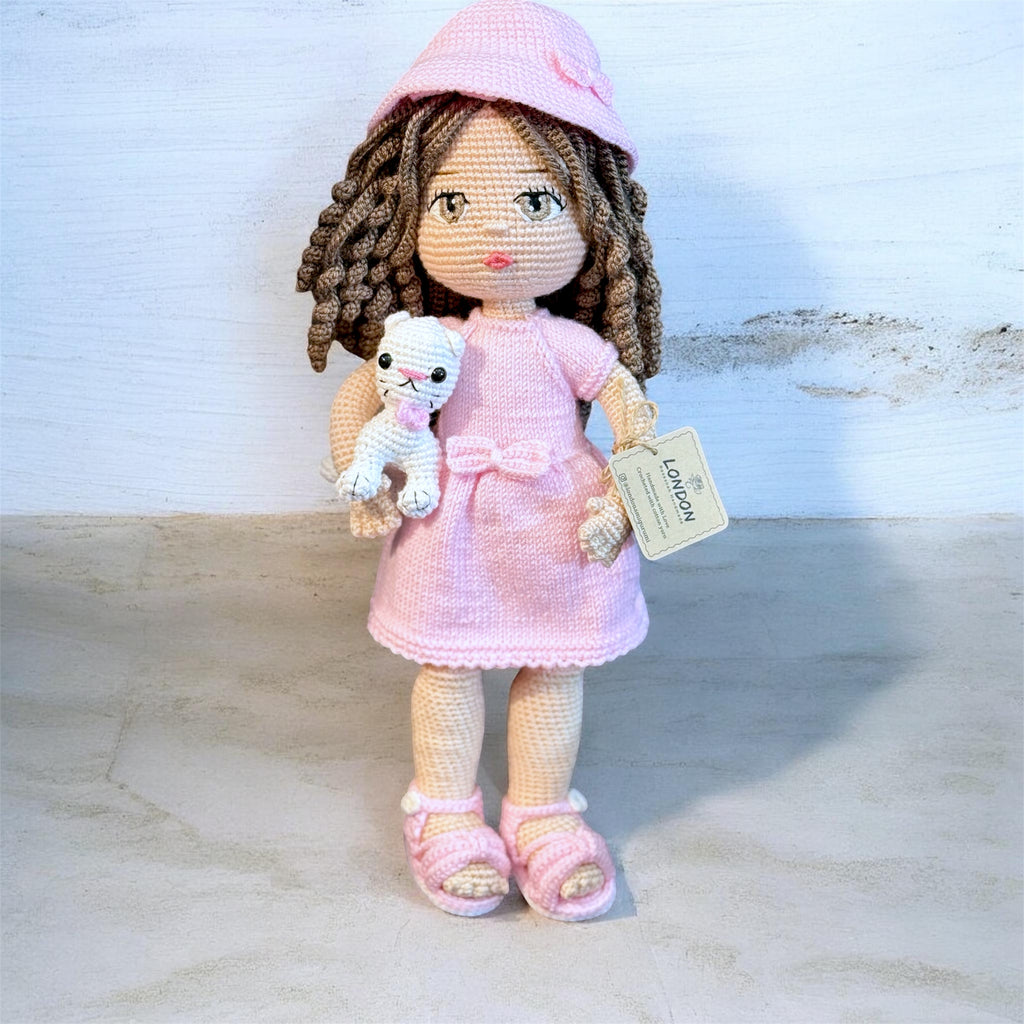 Curly Hair Pink Dressed Amigurumi Doll with Emroidered Eyes