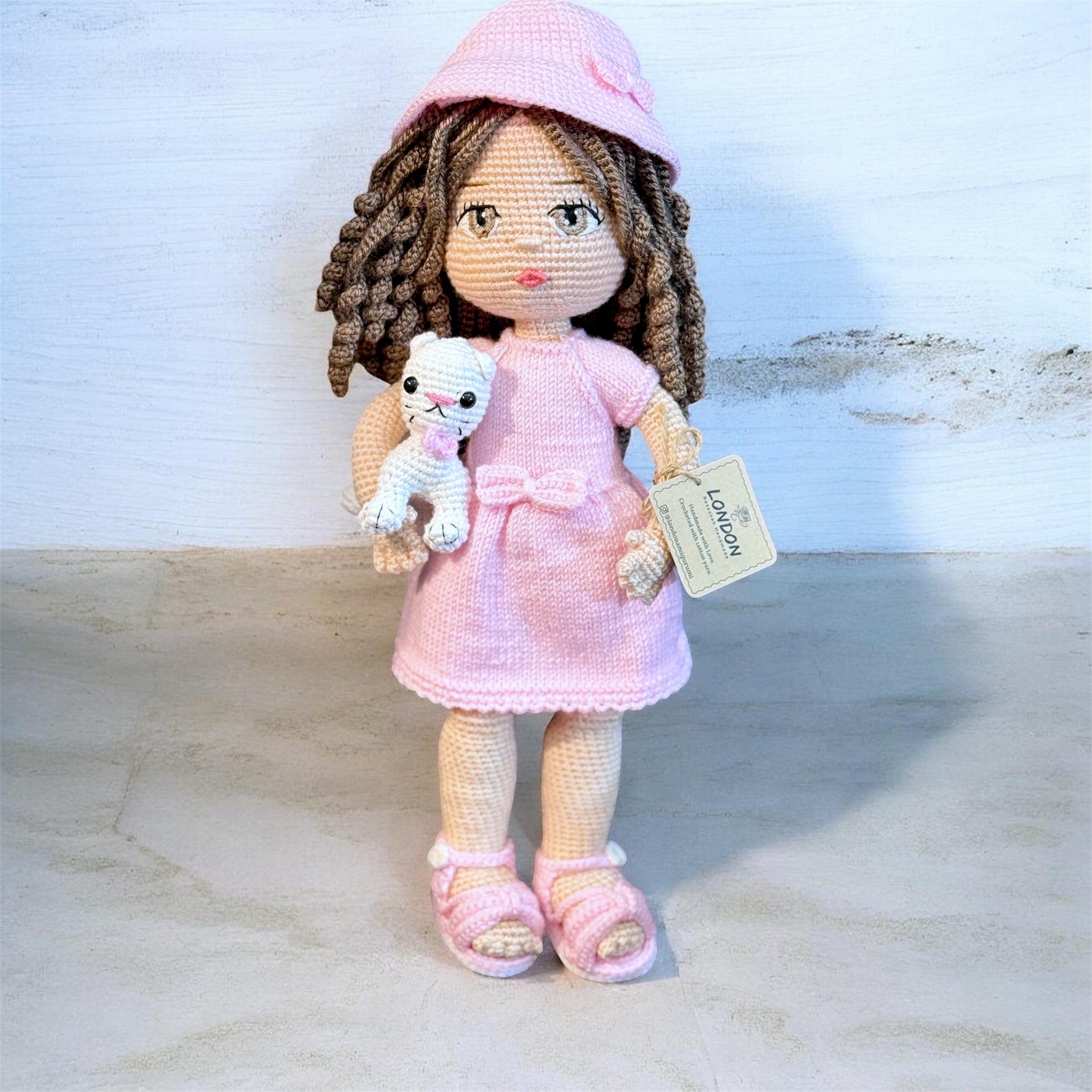Curly Hair Pink Dressed Amigurumi Doll with Emroidered Eyes