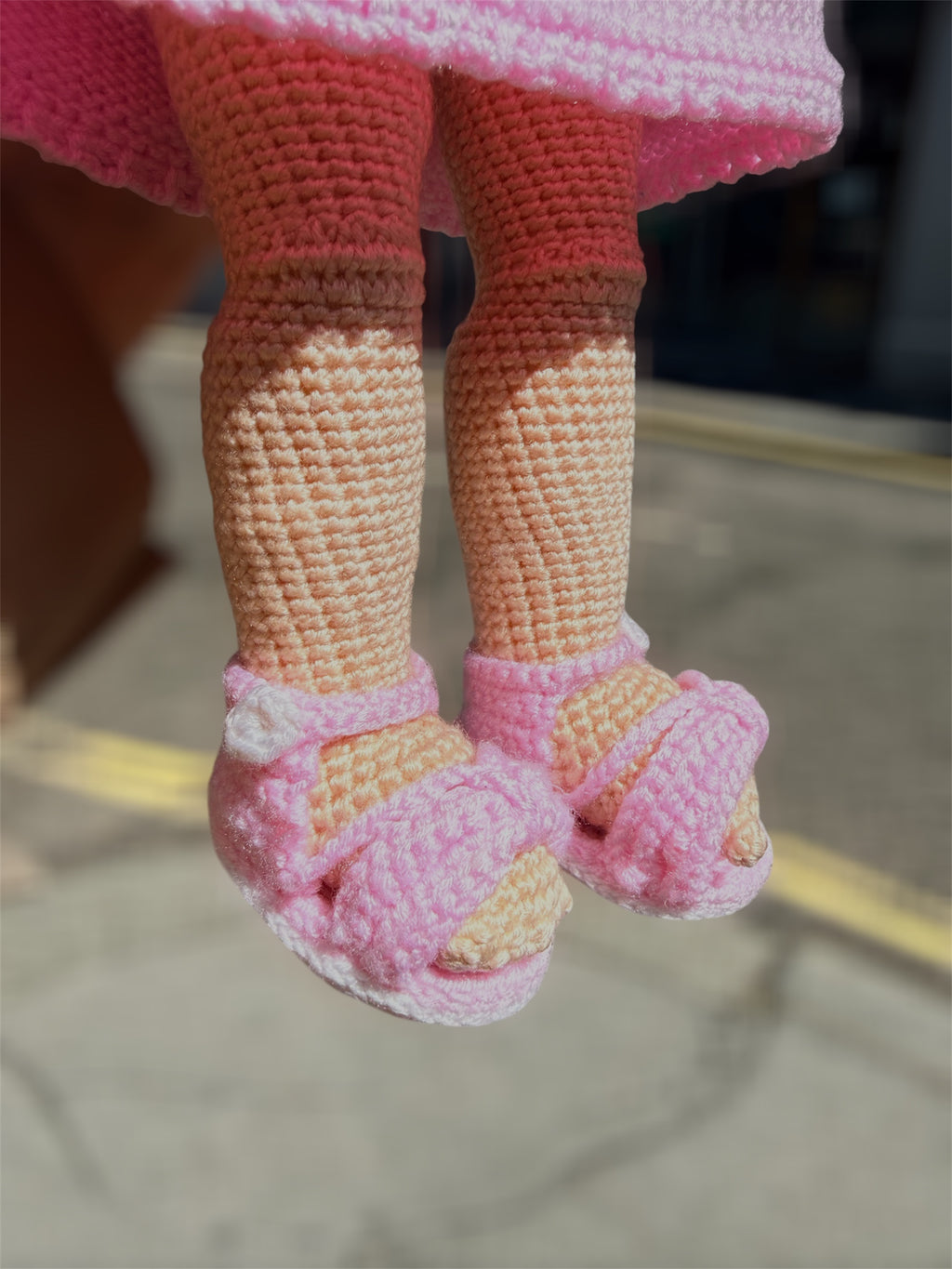 Curly Hair Pink Dressed Amigurumi Doll with Emroidered Eyes