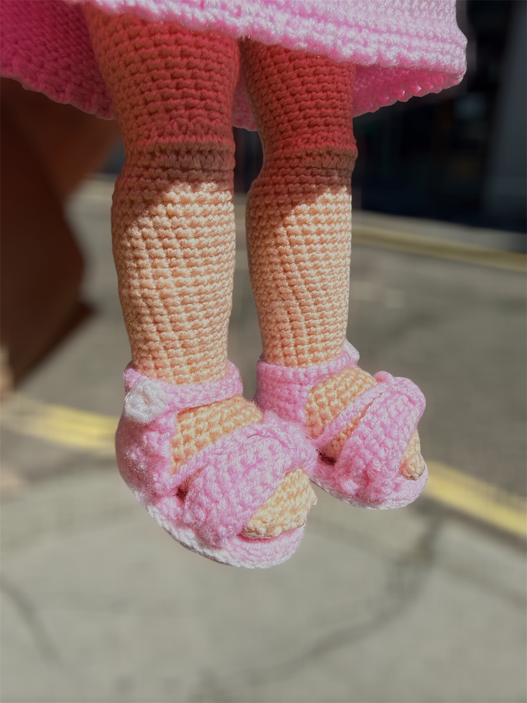 Curly Hair Pink Dressed Amigurumi Doll with Emroidered Eyes
