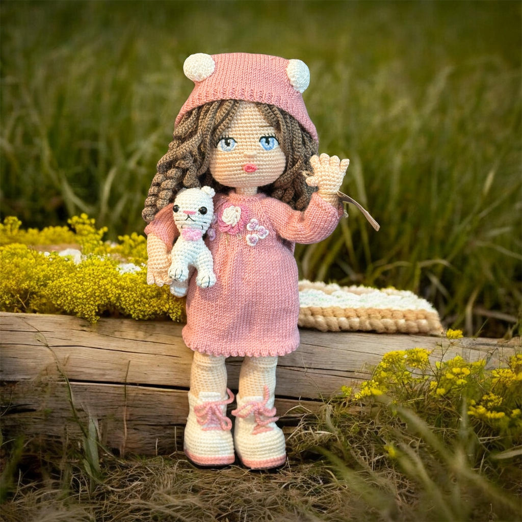 Curly Hair Pink Dress Amigurumi Doll with Pet
