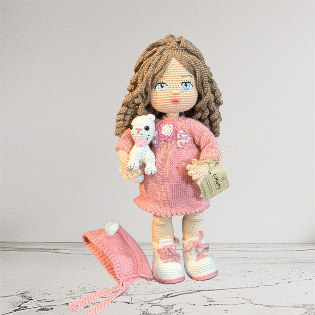 Curly Hair Pink Dress Amigurumi Doll with Pet