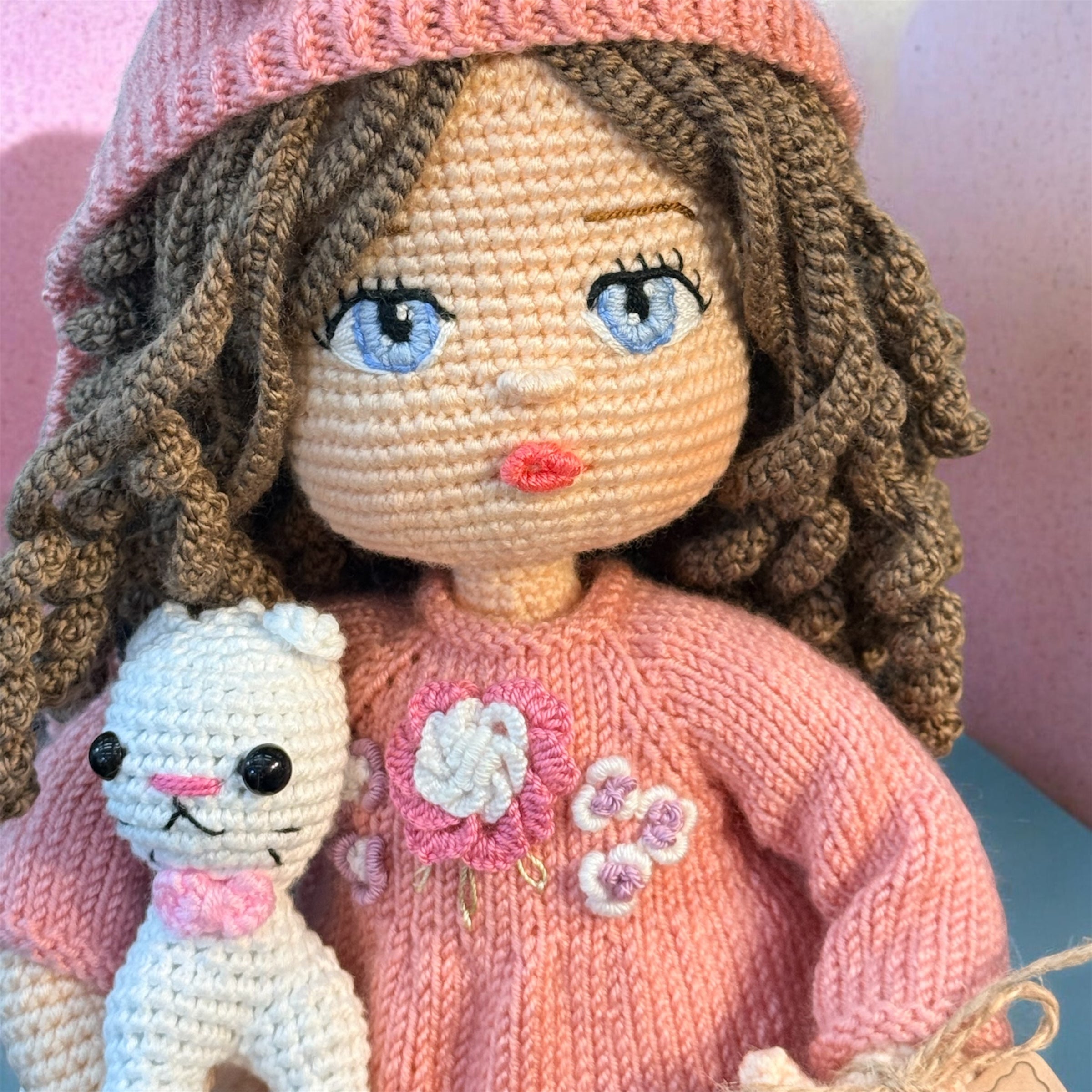 Curly Hair Pink Dress Amigurumi Doll with Pet