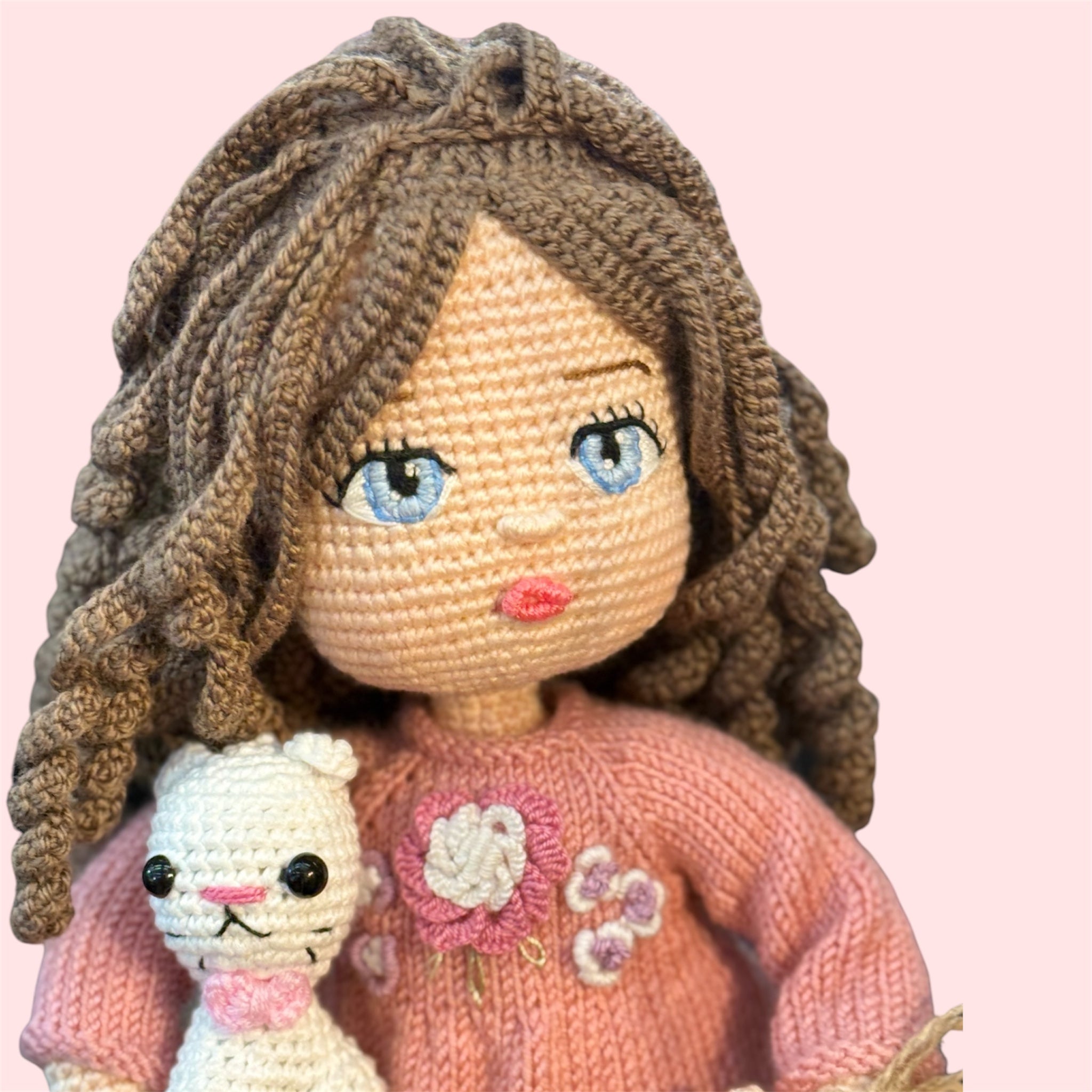 Curly Hair Pink Dress Amigurumi Doll with Pet